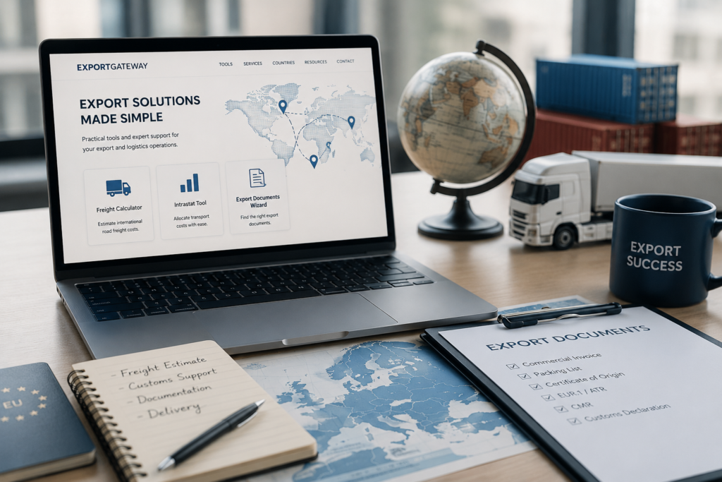 Export logistics planning workspace with freight calculator, customs documentation and international trade tools